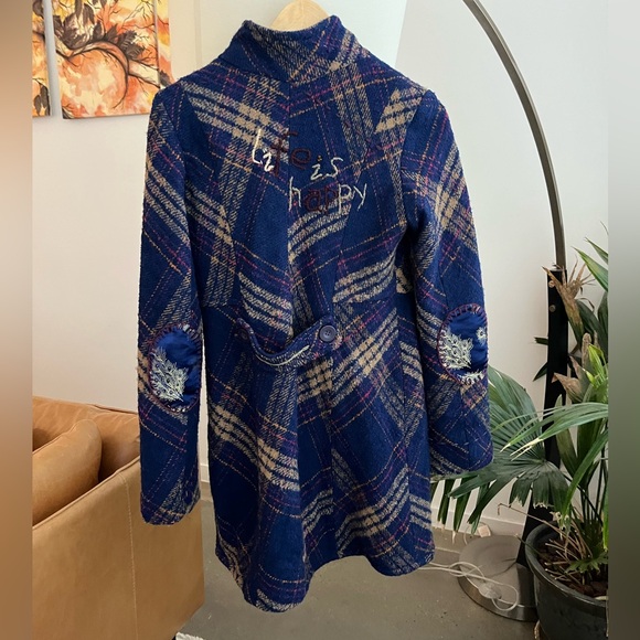 Desigual Embroidered Plaid Wool Coat - Picture 5 of 9